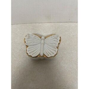 Vintage White and Gold Porcelain Butterfly Trinket Box I. W. Rice Co.
